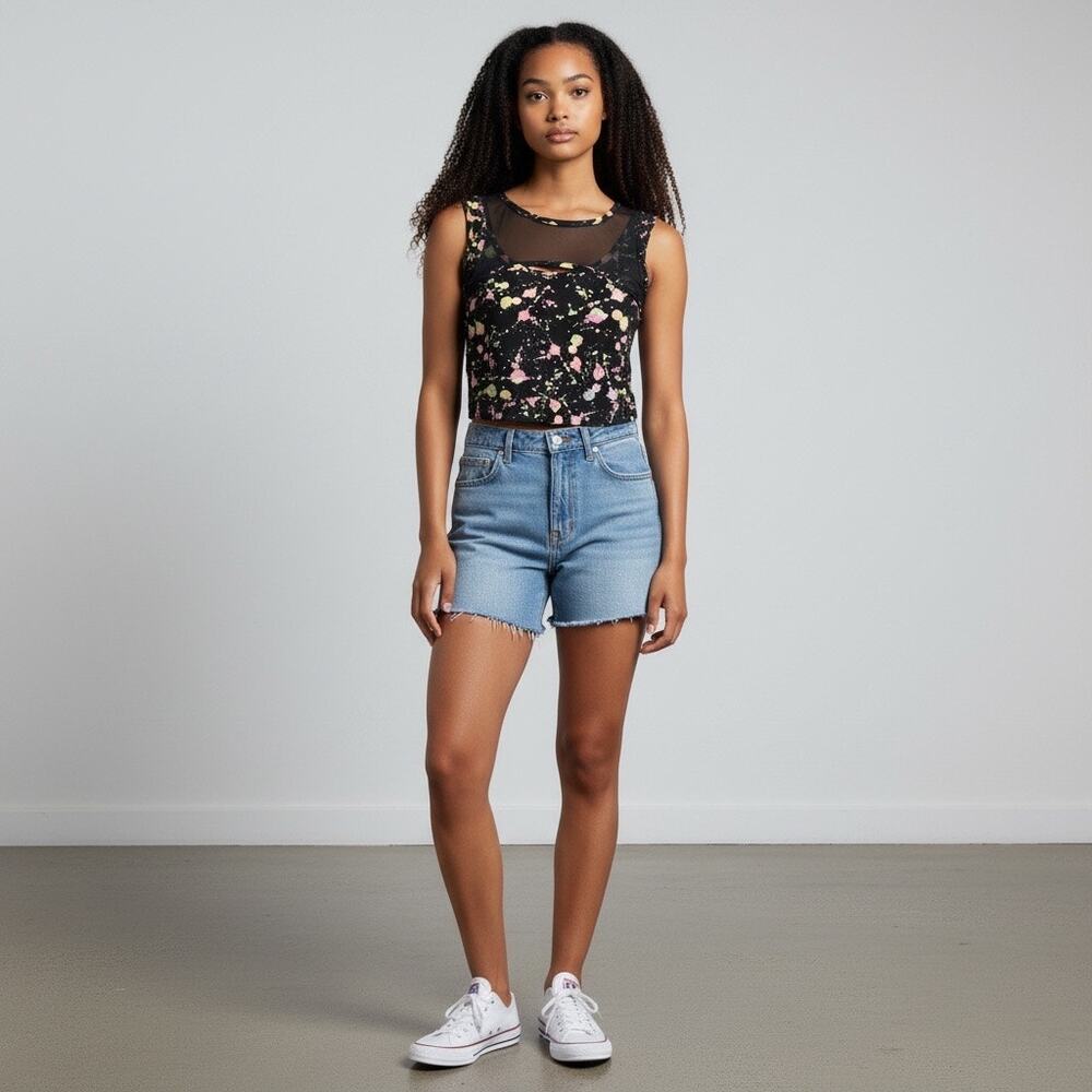 Feathers Women's Black & Neon Splatter Print Mesh & Fabric Cropped Tank Size S